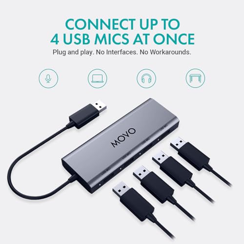 Movo UMX-1 USB Microphone Hub – 4-Port Powered USB Interface for Podcasting & Streaming Mics – Low-Noise, High-Speed
