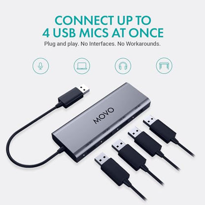 Movo UMX-1 USB Microphone Hub – 4-Port Powered USB Interface for Podcasting & Streaming Mics – Low-Noise, High-Speed