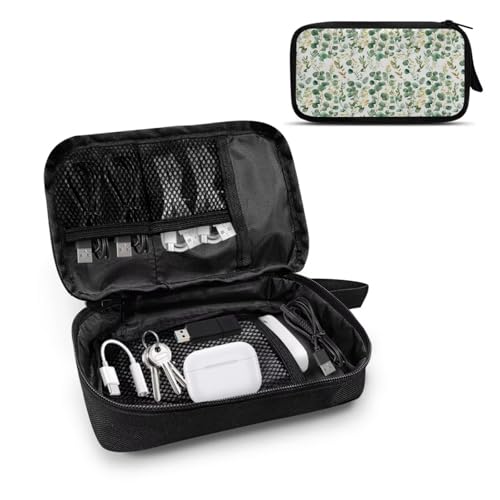 Green Leaf Print Electronic Organizer Travel Case Compatible with Laptop Power Adapter, Compatible with SD Card, USB Flash Disk - color: Green Leaf Print