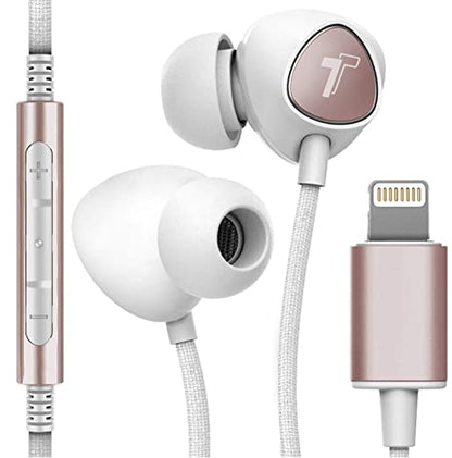 Thore iPhone Earphones (Apple MFi Certified) V110 in Ear Braided Wired Lightning Earbuds (Sweat/Water Resistant) Headphones with Mic/Volume Remote for iPhone 12/13/14 Pro Max - Gold - color: Rose Gold