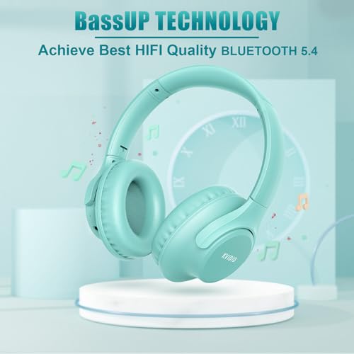 KVIDIO Bluetooth Headphones Wireless Over Ear Headsets 65H Playtime | Deep Bass, HiFi Stereo, Bluetooth 6.0, Microphone, Comfortable Fit, Foldable, Lightweight, Low Latency for Travel Home Office - color: Green