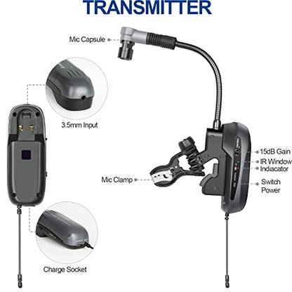 SGPRO D-333T Dual Wireless Gooseneck Saxophone Microphone Set | Dual clip-on condenser set, Preset EQ and echo, 262 ft range, Rechargeable, 4.5 hr runtime, Sax and brass, Live and recording - color: D-333T | Standard Dual Set