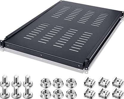 1U Adjustable Rack Mount Shelf Vented Server Rack Drawer 175 lbs 27.5 to 38 Inch Adjustable Mounting Depth Blanking Panel Kit Universal Tray for 19 Inch AV/Network Equipment, Black(1 Piece)