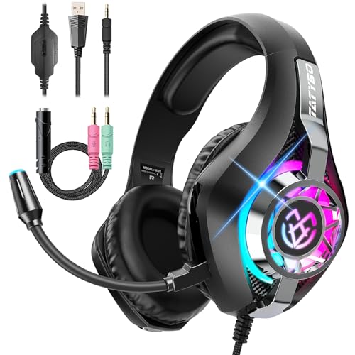 Tatybo Gaming Headset for PS5 PC, Noise Canceling Mic, RGB, Black | Over Ear, Deep Bass Stereo Sound for FPS, Battle Royale, Lightweight for Xbox, PS4, Mobile, Nintendo, 3.5mm devices - color: BLACK
