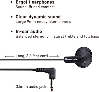 Panasonic ErgoFit Wired Earbuds, In-Ear Headphones with Dynamic Crystal-Clear Sound and Ergonomic Custom-Fit Earpieces (S/M/L), 3.5mm Jack for Phones and Laptops, No Mic - RP-HJE120-KA (Matte Black) - color: Matte Black, style: No Mic