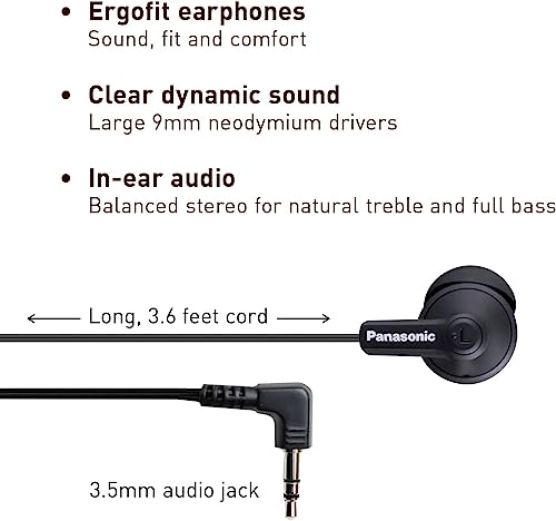 Panasonic ErgoFit Wired Earbuds, In-Ear Headphones with Dynamic Crystal-Clear Sound and Ergonomic Custom-Fit Earpieces (S/M/L), 3.5mm Jack for Phones and Laptops, No Mic - RP-HJE120-KA (Matte Black) - color: Matte Black, style: No Mic