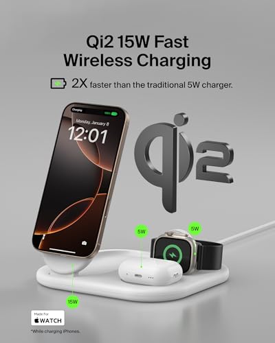 Belkin Qi2 Magnetic Wireless Charging Station, 3 in 1 Foldable Charger | MagSafe compatible, Apple Watch, AirPods, Qi2 certified, wireless charging station, travel stand - color: White