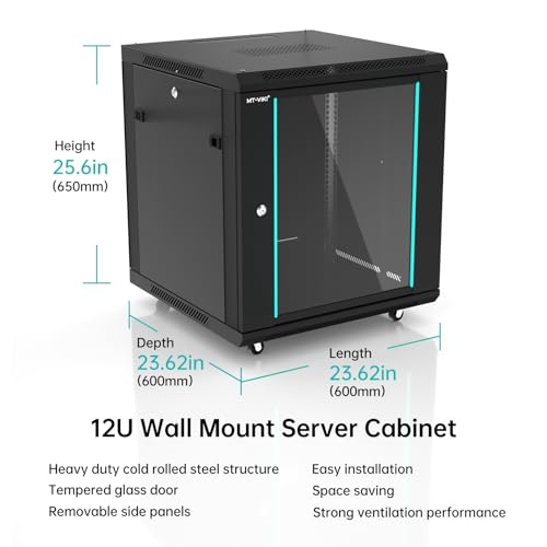 MT-VIKI 12U Server Cabinet Network Rack Vented Enclosure w/Moving Wheel, 0.8mm Thick Steel, 23.6‘’ Deep (600mm), for 19'' IT Equipment, Included 1pcs 12'' Depth Rack Shelf - size: 12U