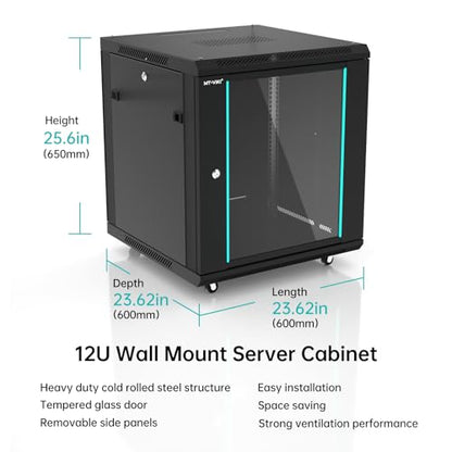 MT-VIKI 12U Server Cabinet Network Rack Vented Enclosure w/Moving Wheel, 0.8mm Thick Steel, 23.6‘’ Deep (600mm), for 19'' IT Equipment, Included 1pcs 12'' Depth Rack Shelf - size: 12U