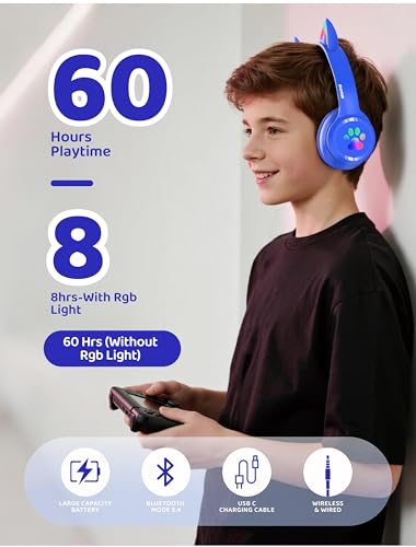 Bluetooth Headphones Wireless Cat Ear 60H/8H with LED Light Mic Blue | Adjustable Headband Foldable Over-Ear Headset for Kids/Tablet/iPad/Laptop,HD Stereo Sound,Aux Aux 3.5mm - color: Blue