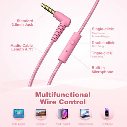 AILIHEN I35 Kids Headphones for School with Mic, 93dB Volume, Rose Pink | Wired On Ear Headphones for Kids Girls, Foldable Lightweight Headphone for Classroom Learning & Entertainment Travel Computer - color: Rose Pink