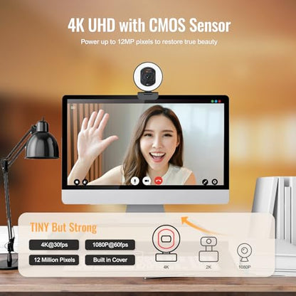 Angetube 4K Webcam with Light for PC, UHD Computer Web Camera for Desktop | TOF AutoFocus, 2 AI Noise Reduction Mics, 1080p@60FPS, USB Streaming Web Cam Built in Privacy Cover for Laptop Mac Zoom Teams - size: TOF 4K Webcam with Ring Light