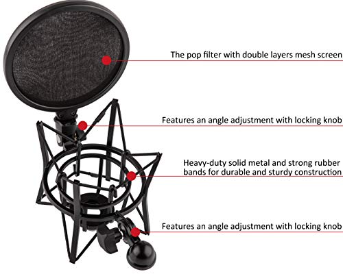 Microphone Shock Mount with Integrated Pop Shield for Rode Mics like K2, NT1-A,NT1000, NT2-A, NT2000, NTK, Podcaster and Procaster (20mm Internal Thread).