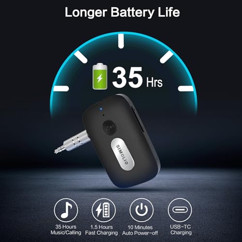 SIMOLIO Bluetooth Receiver for Car w/AUX, Hands-Free Call & Volume Control | 3.5mm Bluetooth Audio Adapter with 35H Battery Life, Wireless Receiver for Home Stereo & Wired Headphones/Speakers JH-215A