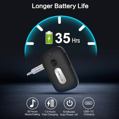 SIMOLIO Bluetooth Receiver for Car w/AUX, Hands-Free Call & Volume Control | 3.5mm Bluetooth Audio Adapter with 35H Battery Life, Wireless Receiver for Home Stereo & Wired Headphones/Speakers JH-215A