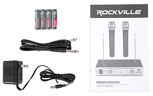 Rockville RWM1202VH VHF Wireless Dual Handheld Microphone System, 2 Channel | Metal Receiver, 1/4" Audio Output, Cardioid, 200 ft Indoor Range, Auto-Link, Includes 2 Mics/Batteries/Adapter