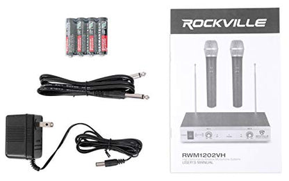 Rockville RWM1202VH VHF Wireless Dual Handheld Microphone System, 2 Channel | Metal Receiver, 1/4" Audio Output, Cardioid, 200 ft Indoor Range, Auto-Link, Includes 2 Mics/Batteries/Adapter