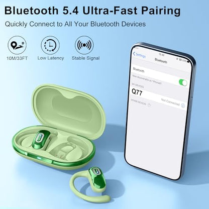 Open Ear Headphones, NEW Over Ear Earbuds with 4 ENC Noise-Canceling Mic | Ultra-Comfort Bone Conduction Earbuds, BT5.4, 50H HD Stereo, IPX7 Waterproof, Ergonomic Earhooks,Sports Ear Buds for Running - color: Light Green