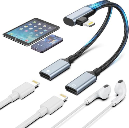 Quanlex [Apple MFi Certified Right Angle iPhone Lightning to 2 Lightning Adapter,Dual Lighting AUX + Charger Adapter Dongle Cable Splitter Compatible for iPhone 14/13/12/11/SE/X/XR(Right Black) - color: Right Black