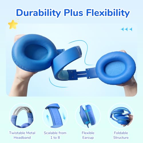 EarFun K3 Kids Headphones, Over Ear Headphones with Microphones, 85/94dB Safe Volume Limit, HD Stereo Sound, 3.5mm Jack, Foldable Wired Headphones for School/Travel/Boys/Girls/Tablet/iPad, Blue | Built-in Mic, 85/94dB Volume Limit, HD Stereo Sound, 3.5mm