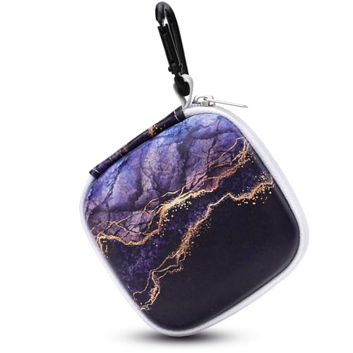Unique Patterned Portable EVA Earbud Case with Carabiner | Printed Earbud Holder With Sturdy Carabiner, Multi-Use Storage For Earphones, Headphones, SD Cards & Small Electronic Chips - color: Golden Purple Marble
