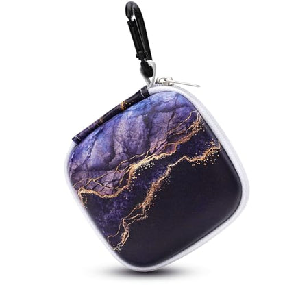 Unique Patterned Portable EVA Earbud Case with Carabiner | Printed Earbud Holder With Sturdy Carabiner, Multi-Use Storage For Earphones, Headphones, SD Cards & Small Electronic Chips - color: Golden Purple Marble