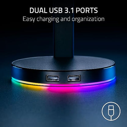 Razer Base Station V2 Chroma Headphone Headset Stand Holder, Black | Chroma RGB Lighting, Taller Stand & Anti-slip Ledge, USB Charging Ports, Anti-Slip Rubber Base, 3.5mm Port + Built-in DAC - color: Classic Black, style: V2