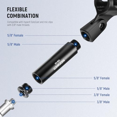 NEEWER Mic Stand Extension Accessories Kit 6 Pieces, Aluminum Alloy Microphone Holder Extender Buffer Tubes & 5/8" Male to 3/8" Female Screw Thread Mount Adapters for Boom Arm Desk Stand, HW-44