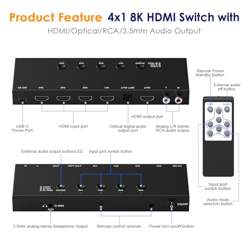4x1 8K HDMI Switch with Audio Extractor, 8K@60Hz HDMI 2.1 Switcher with Remote, Optical/RCA/3.5mm Audio Output, Supports HDR10, Dolby Vision, HDCP 2.3, Compatible with PS5/Xbox/Apple TV/Soundbar