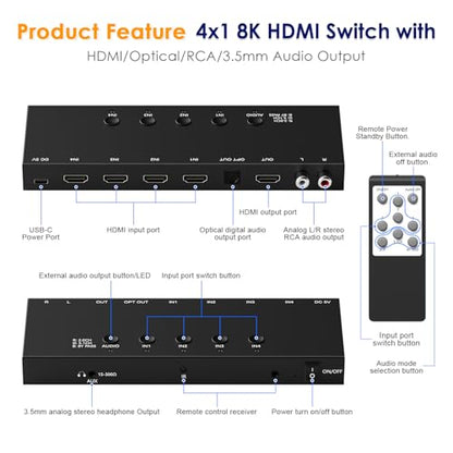 4x1 8K HDMI Switch with Audio Extractor, 8K@60Hz HDMI 2.1 Switcher with Remote, Optical/RCA/3.5mm Audio Output, Supports HDR10, Dolby Vision, HDCP 2.3, Compatible with PS5/Xbox/Apple TV/Soundbar