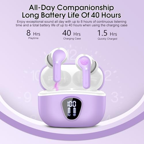 Wireless Earbuds, Bluetooth 5.4 Headphones HiFi Stereo, Bluetooth Earbuds | With ENC Noise Cancelling Mic,IP7 Waterproof in Ear Earphones,48H, LED Display Ear buds for Pad Phones Workout Sports, Purple - color: Purple
