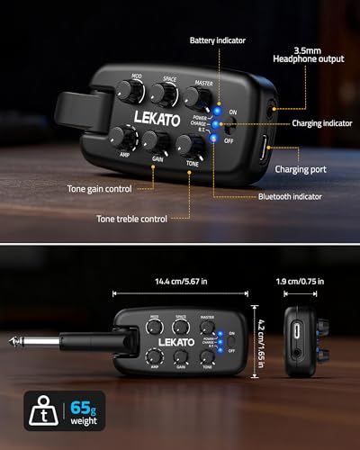LEKATO PA-2 Guitar Headphone Amp for Electric Guitar Headphone Amplifier for Portable Practice, 9 Amp Models, 3 Mod Effects, 3 Space Effects, with Bluetooth Receiver, USB OTG Recording