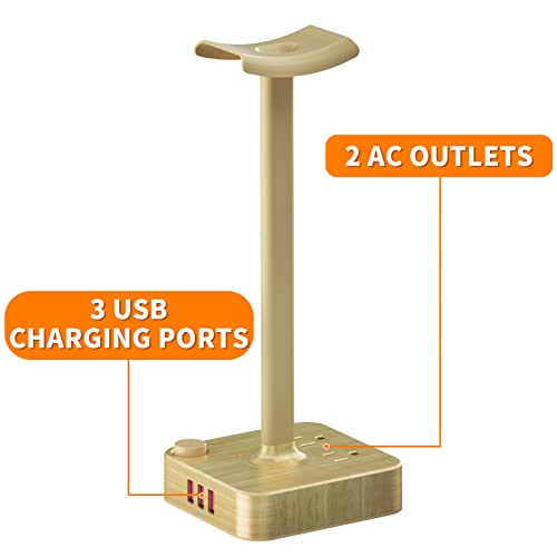 Headphone Stand with 3 USB Charger Desk Gaming Headset Holder Hanger Rack with 3 USB Charging Ports and 2 AC Outlets - Suitable for Gamer Desktop Table Game Earphone Accessories Boyfriend Gifts