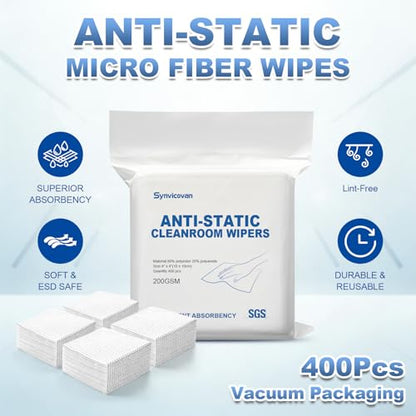 Anti-Static Microfiber cloths 4"x4"(400 Pcs,200GSM) | Lint Free Cloths,Reusable,Special ESD Protection Design is Suitable for Protecting Sensitive Electronic Components and Tools - size: 4"x4" (Pack of 400)