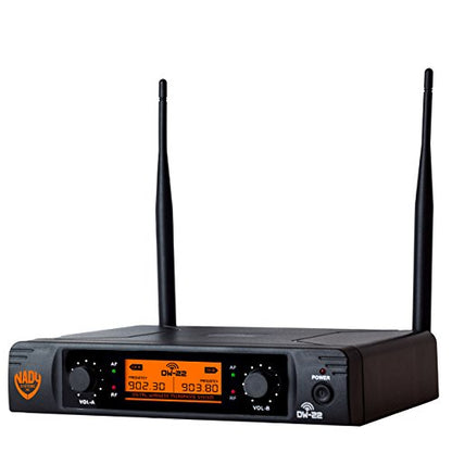 Nady DW-22 Dual Digital Wireless Lapel Microphone System - Dual fixed UHF frequency -Ultra-low latency with QPSK modulation - XLR and ¼" outputs