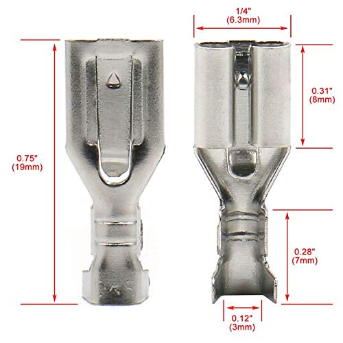 BAOMAIN 100-Pack 6.3mm 1/4" Female Spade Connector Non-Insulated Terminals | Tinned Copper 1/4" Non-Insulated Female Connectors with Locking Tab for 18-16 AWG Wire,Ideal for Automotive & DIY Projects