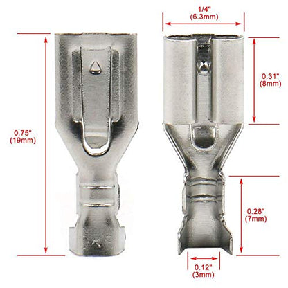 BAOMAIN 100-Pack 6.3mm 1/4" Female Spade Connector Non-Insulated Terminals | Tinned Copper 1/4" Non-Insulated Female Connectors with Locking Tab for 18-16 AWG Wire,Ideal for Automotive & DIY Projects
