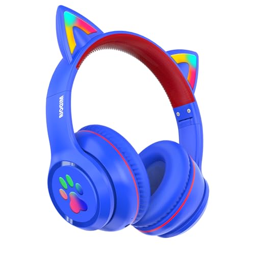 Bluetooth Headphones Wireless Cat Ear 60H/8H with LED Light Mic Blue | Adjustable Headband Foldable Over-Ear Headset for Kids/Tablet/iPad/Laptop,HD Stereo Sound,Aux Aux 3.5mm - color: Blue