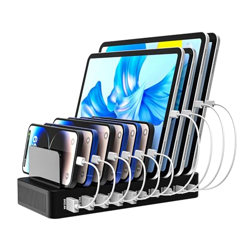 100W 10포트 스마트 충전 스테이션 | USB-A 5개 및 USB-C 포트 5개 | 휴대폰, 태블릿, 시계 등을 위한 정리 디자인 (블랙)