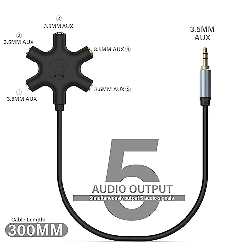 Multi Headphone Audio Splitter, 5-Way 3.5mm Jack Stereo Headset Adapter to Connect Up to 5 Devices for Mixing, Shared Experiences - for iPhone, iPad & More