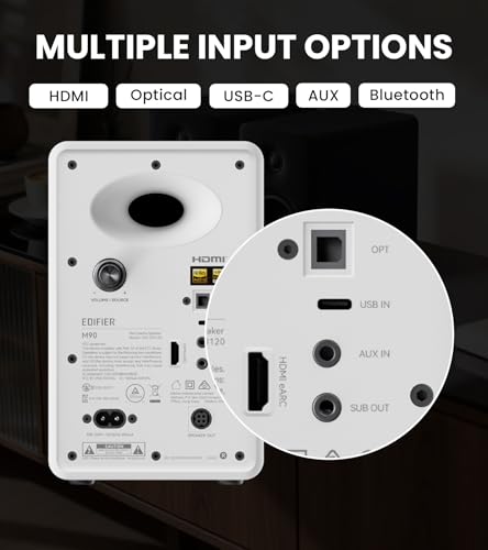 Edifier M90 Computer Speakers, 100W RMS Desktop Speakers, White | Hi-Res Audio with LDAC, Bluetooth 6.0 Compact Speaker, HDMI eARC/Optical/USB-C/AUX Inputs, SUB Out, Remote Control for TV/PC - color: White