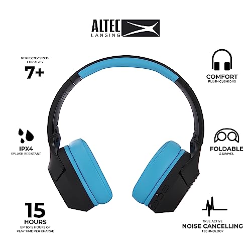 Altec Lansing Kid Safe Noise Cancelling Wireless Headphones 15H Battery, 85dB Volume Limit, Foldable Design Powerful Sound, Active Noise Cancellation Perfect for Kids Ages 7+ - color: Blackout Rockstar Blue