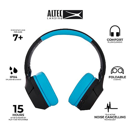 Altec Lansing Kid Safe Noise Cancelling Wireless Headphones 15H Battery, 85dB Volume Limit, Foldable Design Powerful Sound, Active Noise Cancellation Perfect for Kids Ages 7+ - color: Blackout Rockstar Blue