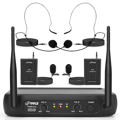 Pyle Dual Channel Wireless Microphone System - VHF Fixed Dual Frequency Wireless Mic Receiver Set with 2 Lavalier, 2 Headset Mics, 2 Transmitter, Receiver - For PA, Karaoke, Dj Party - Pyle PDWM2145