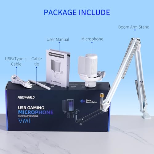 FEELWORLD VM1 White USB Gaming Condenser Microphone for pc, Boom Arm Stand - color: White