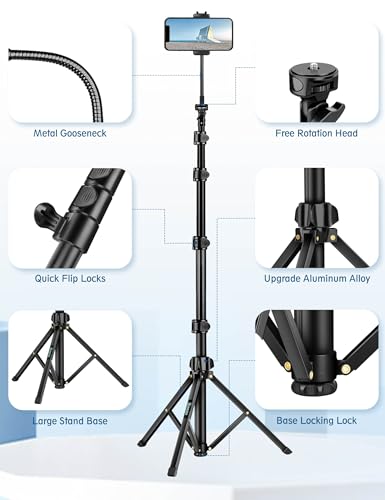 Phone Tripod, 85" Tripod for Cell Phone iPhone with Gooseneck | Aluminum Tripod Stand for Video Recording Photo Vlog, Travel Cellphone Tripod with Remote Compatible with iPhone Android - size: 85 Inch