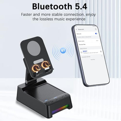 Wireless Induction Speaker 5-in-1 Bluetooth Speaker with Phone Stand, Father's Day Present, Stereo Sound 8 RGB Ambient Light, 360° Rotation Adjustable Desktop Stand for iOS Android - color: Black