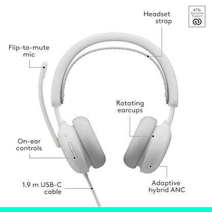 Logitech Zone Wired 2 Noise Canceling Headset Adaptive Hybrid - Off-White | Noise-canceling, USB-C, USB-A adapter included - color: Off White, style: Wired