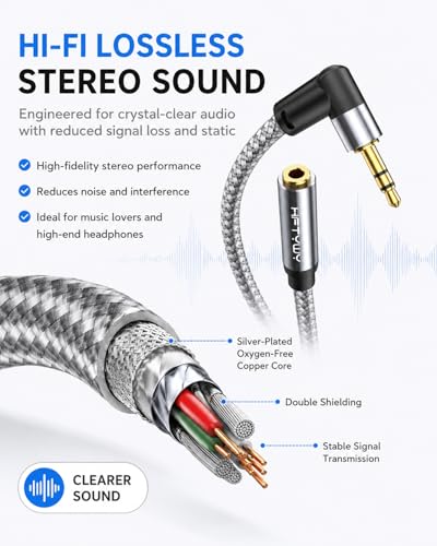 10ft 3.5mm Headphone Extension Cord Male to Female Stereo Audio Extender, 90 Degree Right Angle 1/8 Inch TRS Aux Wire for TV, PC, Smartphones, Braided Double Shielded - size: 10 ft