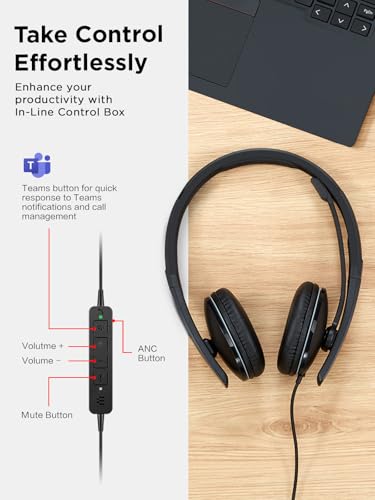 Lenovo Wired ANC Headset Gen 2 (Teams) with Active Noise Cancellation, EPOS BrainAdapt & ActiveGard Tech, Lightweight, USB-C, Plug-and-Play, Zoom Certified, Customizable, Hearing Protection | Includes USB-A converter, travel pouch and 2 year warranty for